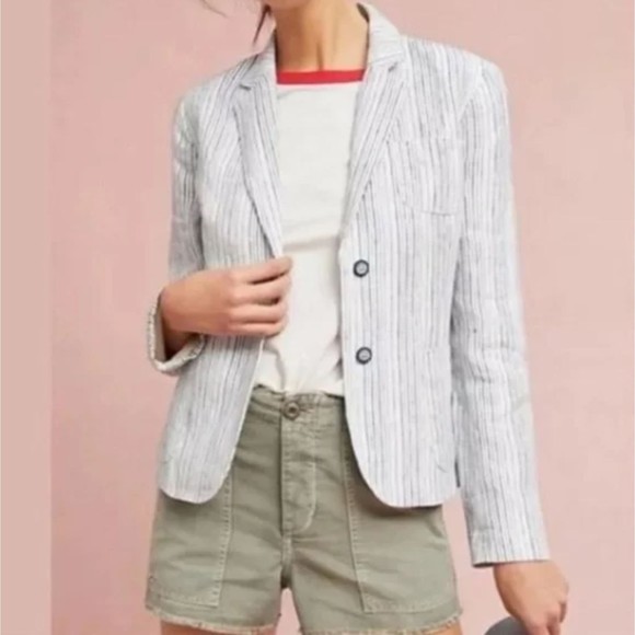 Anthropologie Jackets & Blazers - Cartonnier by Anthropologie linen striped blazer White Navy Size 4
